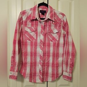 Cowgirl Legend Women's Pink Plaid Snap Western Rodeo Long Sleeve Shirt SZ M